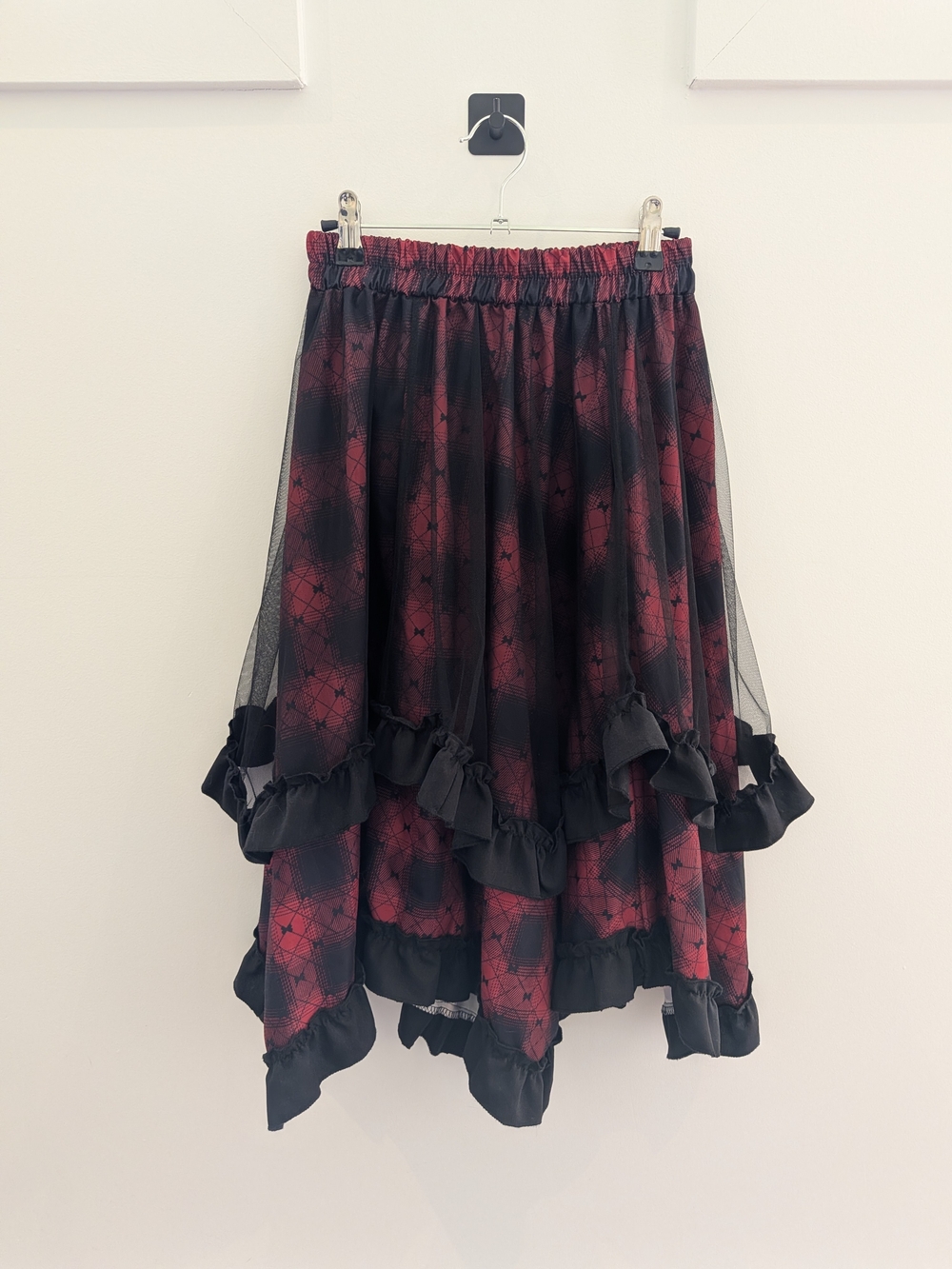 Red and Black Ruffle Mesh Midi Skirt - Women